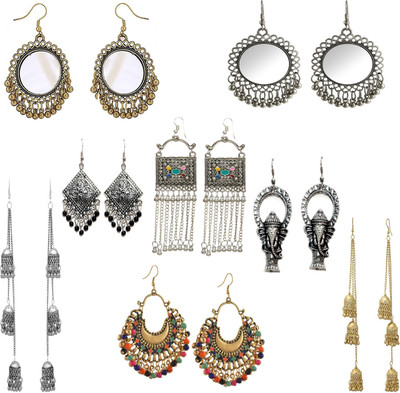 Uniquedezines Combo Of 8 Silver And Gold Plated Small And Long Mirror And Ganpati Earrings Alloy Earring Set