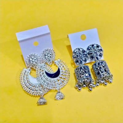 Janki Creation Silver Oxidised Combo Earrings Set for Women & Girls (Pack of 2) Alloy Chandbali Earring, Drops & Danglers, Jhumki Earring, Stud Earring