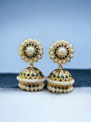 Raikar Jewellers Pearl Mid Green Gems Round Design Studs With Pearl Copper Jhumki Earring