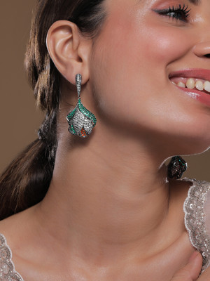 RUBANS Rhodium-Plated Lavender, Emerald & Orange AD & Cubic Zirconia Drop Earrings Zircon Brass Drops & Danglers