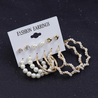 Vembley Combo of 6 Pair Golden Heart Stone Stud And Pearl Hoop Earrings For Women/Girls Pearl Alloy Hoop Earring