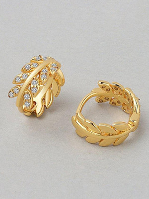 YELLOW CHIMES Gold Tone Cystal Leaflet Designed Hinged Tube Hoop Crystal Metal Hoop Earring