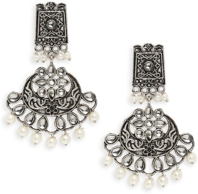 Oomph Oxidised Silver Look Alike Kundan Stone & Pearls Floral Design Ethnic Beads, Crystal Alloy Drops & Danglers