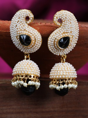 Anika's Creation Big Carry Black Stone and Off white Pearl Emblished Jhumka_ANK Pearl Brass Jhumki Earring