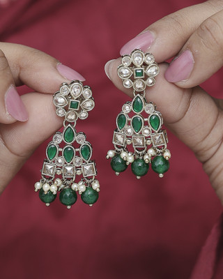 Saloni Fashion Jewellery Attractive Pear and Round Shape Gold Plated Green Kundan Stone Dangle Earring Cubic Zirconia Alloy Drops & Danglers