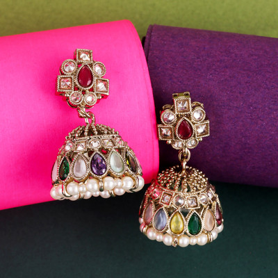 Saloni Fashion Jewellery Oval Shape Multi Kundan Stone Antique Gold Plated Jhumki Earring For Women Cubic Zirconia Alloy Jhumki Earring