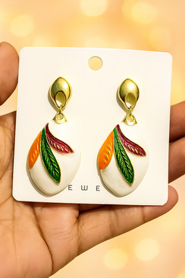 lit lavish Trendy Enamel Leaf Design Drop Earrings for Women & Girls – White, Green, Orange Alloy Drops & Danglers