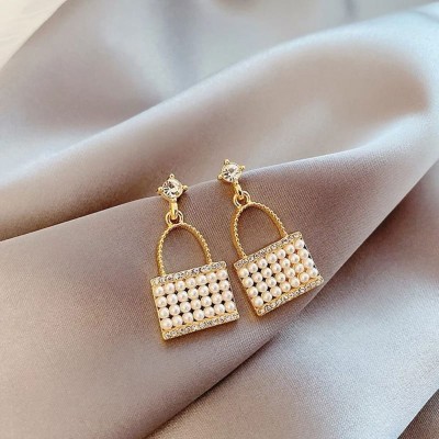 Fashion Fusion Gold Plated Pearl & AD Studded Handbag shaped Earrings for Women Alloy Drops & Danglers