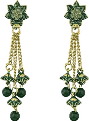 Tiso Oxidised Gold Green Jhumki Earrings for Women and Girls German Silver Zircon Alloy, German Silver Drops & Danglers