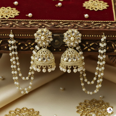 GetBling Bahubali Earrings Set – White & Golden Jhumka for Women Pearl Alloy Jhumki Earring