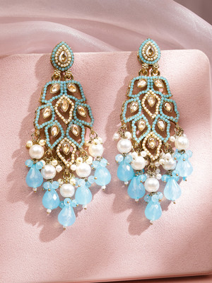 RUBANS 18K Gold Kundan Pearl Light Blue Long Chandelier Earrings Brass Drops & Danglers