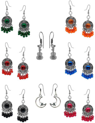 Fashion Fusion Combo of 10 Pairs Afghani Oxidised German Silver Tribal for Girls & Women Alloy, German Silver Earring Set