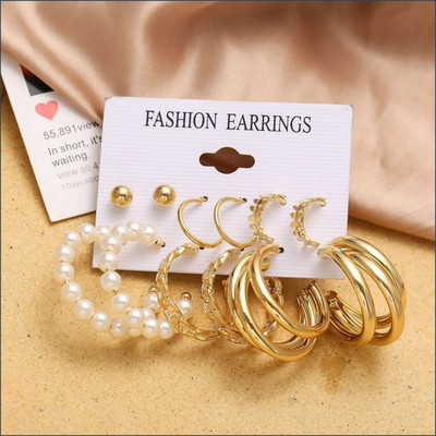 VIDALI Combo of 6 Pair Golden Stud And Chain Pearl Triple Hoop Earrings For Women Pearl Alloy Hoop Earring