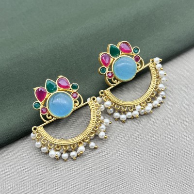 Diwam jewels Gold-Plated Drop Earrings with Emerald, Ruby, Aquamarine, and Pearl Stones Aquamarine, Emerald, Ruby, Pearl Brass Drops & Danglers