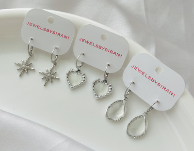 Jewelsbysirani Set of 3 Shining Trendy AD Silver Charm Round Hoop Earrings For Women and girls Alloy Hoop Earring