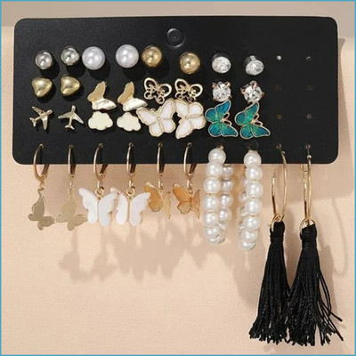 VIDALI Combo of 17 Pair Golden Butterfly Heart Stud/Tassel Pearl Hoop Earring For Women Pearl Alloy Stud Earring