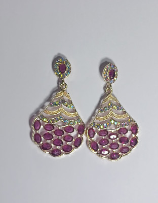 AZTAZ Handcrafted Gold Drop Earrings with Gemstones and Pink Accents Alloy Chandbali Earring