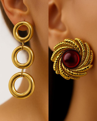 Ishtaara Combo Of 2 Stainless Steel Gold Plated Earrings For Women And Girls Stainless Steel Drops & Danglers