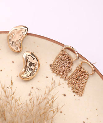 SOHI Set Of 2 Dented-Chain Stud Earrings - California Gold Alloy Earring Set