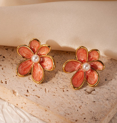 AKISON JEWELS Orange Flower Stud Earrings For Women Girls Korean earring korean jewelry Floral Pearl Alloy Earring Set, Stud Earring
