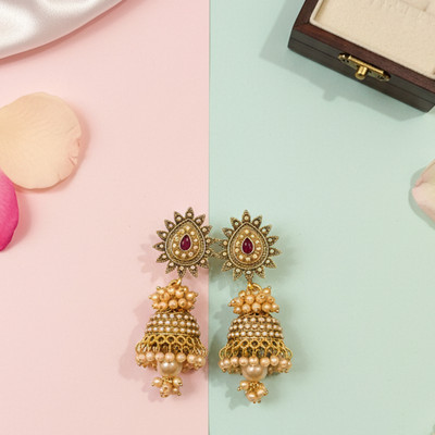 Jewelica Gorgeous Antique Gold-Plated Jhumka Earrings with Kundan-Toned Accents Copper Jhumki Earring