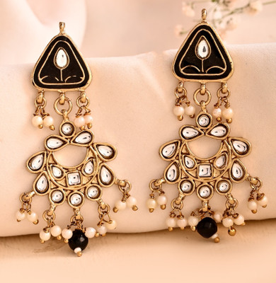 DASTOOR Traditional Black Kundan Pearl Drop Earrings Ethnic Handcrafted Fashion Pearl Alloy Chandbali Earring