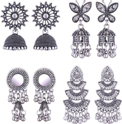 MEENAZ oxidised earrings jhumki silver combo party stylish simple small jhumka 4 set Beads, Pearl, Cubic Zirconia, Diamond Brass, Enamel, Copper, Zinc, Stone Drops & Danglers, Chandbali Earring, Earring Set, Jhumki Earring