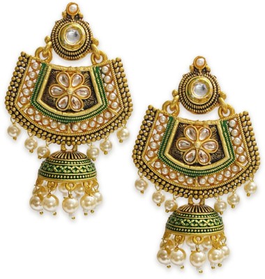 Oomph Green Meenakari & Kundan Pearls Floral Large Ethnic Drop Jhumka Earring Beads, Crystal Alloy Jhumki Earring