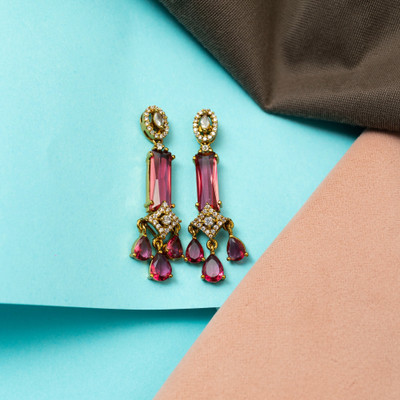 ZEELLO Gold Plated Red Stone Studded Drop Earrings Alloy Drops & Danglers Cubic Zirconia Brass, Copper Drops & Danglers