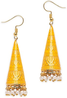 fabula Yellow Meenakari Jhumka Earrings - Cone Shaped - Delicate Design Beads, Crystal Alloy Jhumki Earring