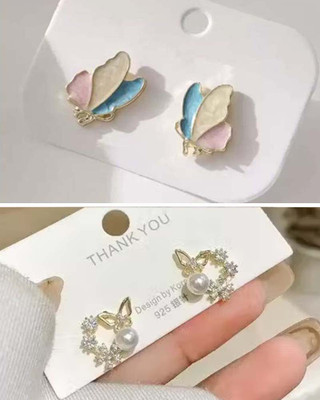 RV YUWON Korean Butterfly Flower Zircon Pearl Stud Earrings Elegant Jewelry For Girls Cubic Zirconia, Pearl, Zircon, White Zircon Alloy Stud Earring