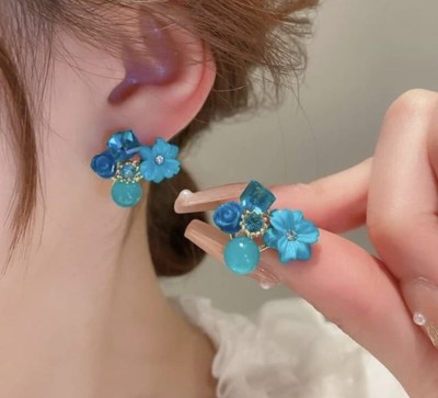 Meilicollection Korean Blue Flower Earrings Crystal Alloy Stud Earring