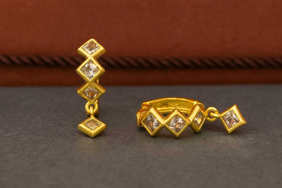 SHE'SJEWELS Modern 1 Gram Gold-Plated Asymmetrical Diamond-Cut Stone Earrings Cubic Zirconia Brass Drops & Danglers, Hoop Earring