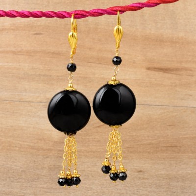 PearlzGallery Pearlzgallery's Black Agate in pear shape with Alloy Gold Earring for Women Agate Alloy Drops & Danglers