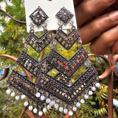 ENJAVE Traditonal Ethnic Studded Platted Big Oxxidize Jhumka Jhumki For Girl Alloy Huggie Earring, Hoop Earring, Plug Earring, Stud Earring