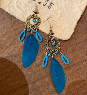 AKISON JEWELS Blue Feather Korean Earrings For Women Girls Trendy Western Fashion Earring Beads Alloy Earring Set, Drops & Danglers, Tassel Earring