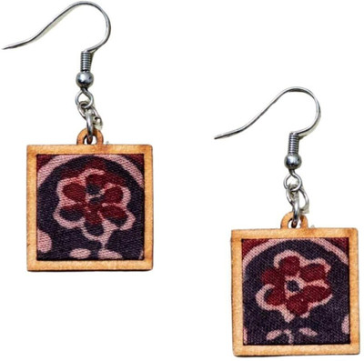 Whe Black Upcycled Ajrakh Fabric and Repurposed Wood Earrings Wood Ear Thread