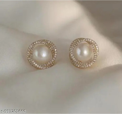 RISHASTYLE Gold plated with AD stone and pearl earrings Zircon Alloy Stud Earring