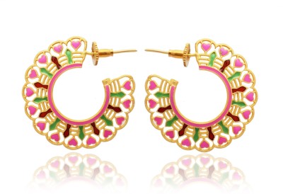 Tvayaa Art Enamel Hoop Earrings Handmade Gold Polish Women Wedding Jewellery (Pink) Brass Hoop Earring