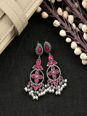 Sangria Silver-Plated Pink Kundan Stone Dangle Earrings Alloy Earring Set