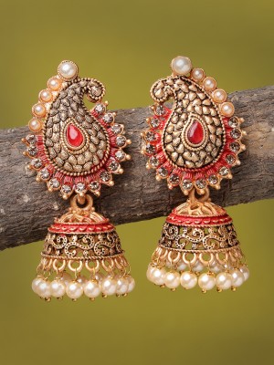 Adiva ADIVA Antique Gold-Plated Red Hand-Painted Peral & Stone Paisley Shaped Jhumka Alloy Jhumki Earring