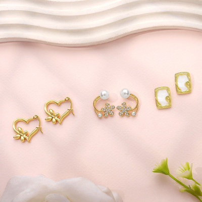 estailo fashion Heart Pearl Minimal Hoop Studs Pack of 3 Earrings for Women Cubic Zirconia Alloy Earring Set