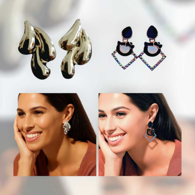 Saugaat Craft Dual Style Statement Earrings – Abstract Silver Drops & Geometric Glam Dangles Cubic Zirconia Alloy Drops & Danglers, Stud Earring, Earring Set
