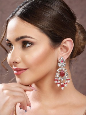 Priyaasi Pink Floral Leaf Embossed Kundan Pearl Silver-Plated Earrings Brass Drops & Danglers