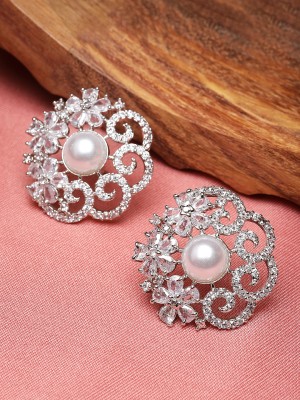 ZENEME Silver Toned White American Diamond studded Floral Shaped Studs Earrings Cubic Zirconia Brass Stud Earring