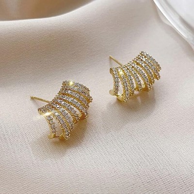 JASEELA Gold Plated Korean 8 Lines AD Studded Stud Earrings For Women And Girls Cubic Zirconia Brass Stud Earring