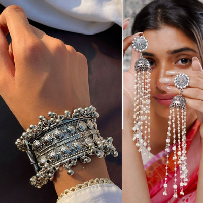 Ashir Combo of 2 Jhumki Jhumka Earrings and Cuff Bracelet Bangles for Women and Girls Alloy Earring Set