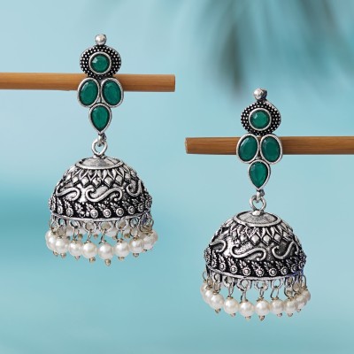 Privaanshi Privaanshi Oxidised Silver Green Stone and Pearl Drop Jhumka Earrings for Women German Silver Drops & Danglers, Jhumki Earring