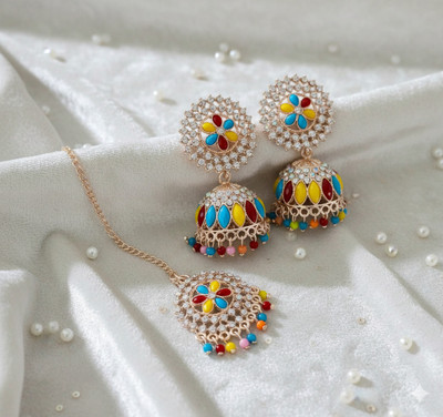 Shyneup Oxidized gold Plated Jhumka Earrings with Multi-Color Enamel & Maang Tikka Set Cubic Zirconia Alloy Jhumki Earring, Earring Set