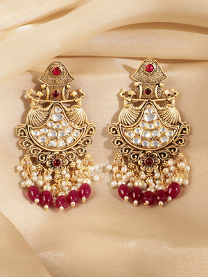 RUBANS 22K Gold-Plated White Kundan Studded Chandbali with Pearl & Ruby Red Beads Brass Chandbali Earring
